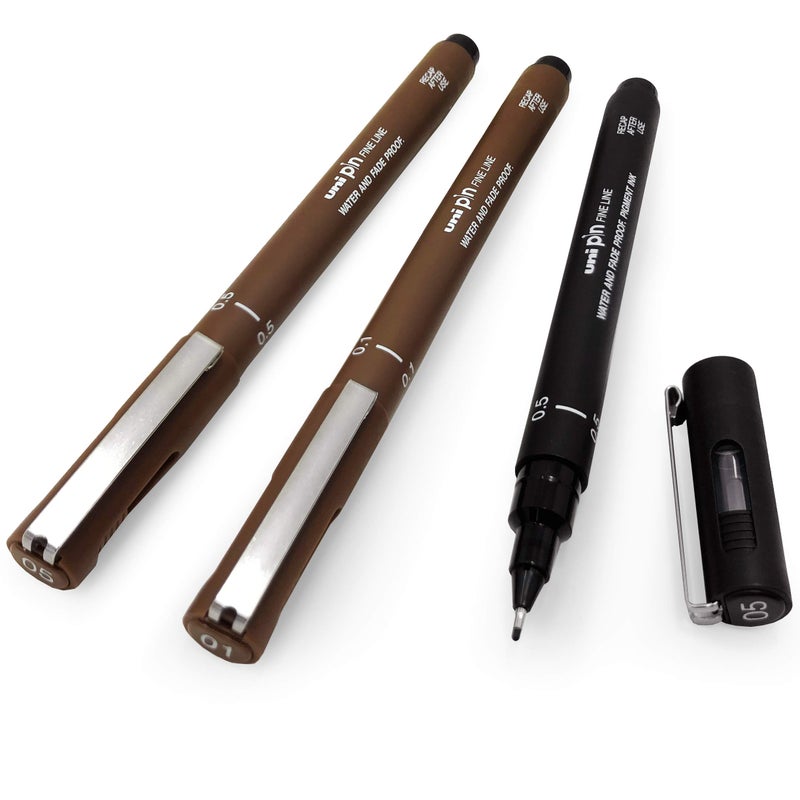 Uni Pin Fineliner Drawing Pen - Sketching Set - Sepia/Black Ink - 0.1/0.5mm - Set of 3 - Image 1